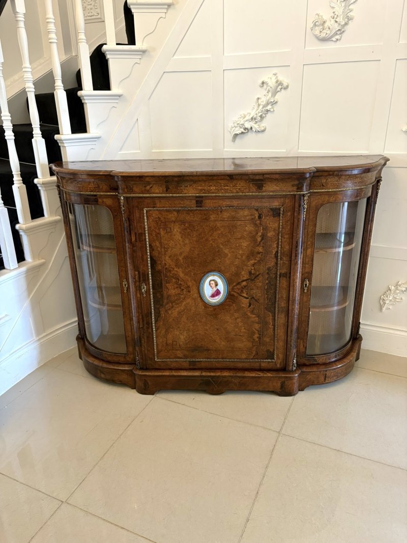 Outstanding Quality Antique Victorian Inlaid Burr Walnut Porcelain Mounted Credenza